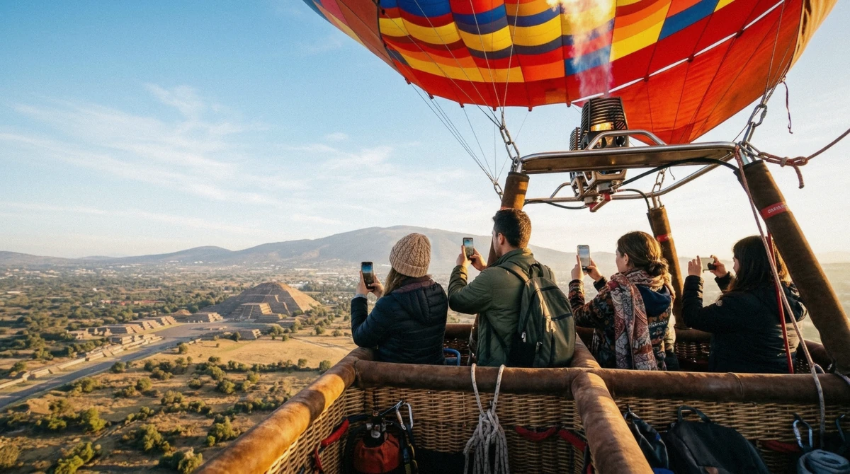 Passengers in a hot air balloon basket over Teotihuacán near Mexico City just after sunrise liftoff