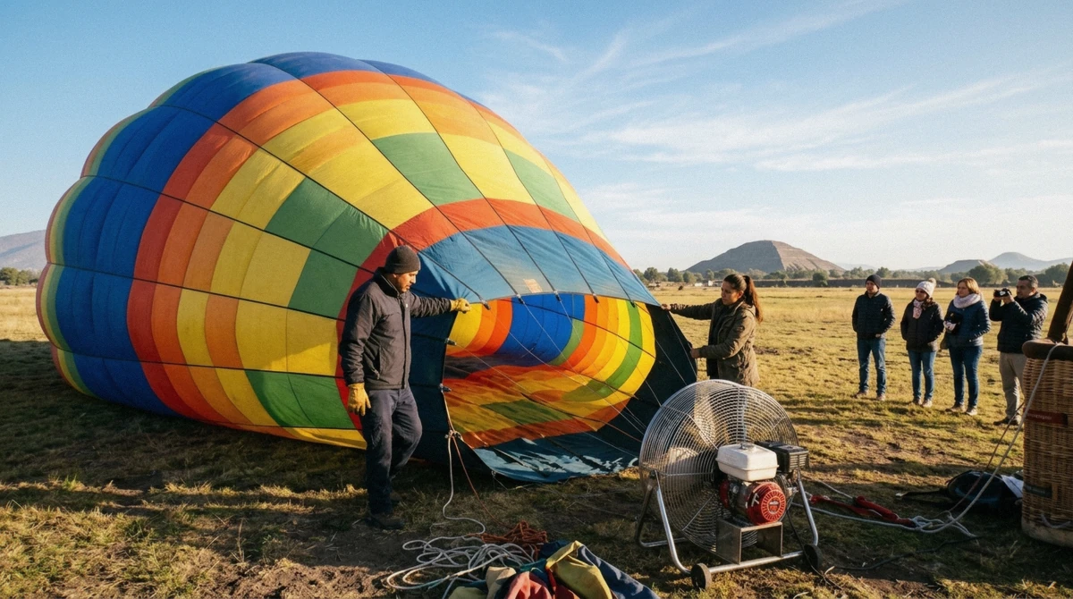 Ground crew inflating a hot air balloon at dawn near the Teotihuacán pyramids before a sunrise flight over Mexico City