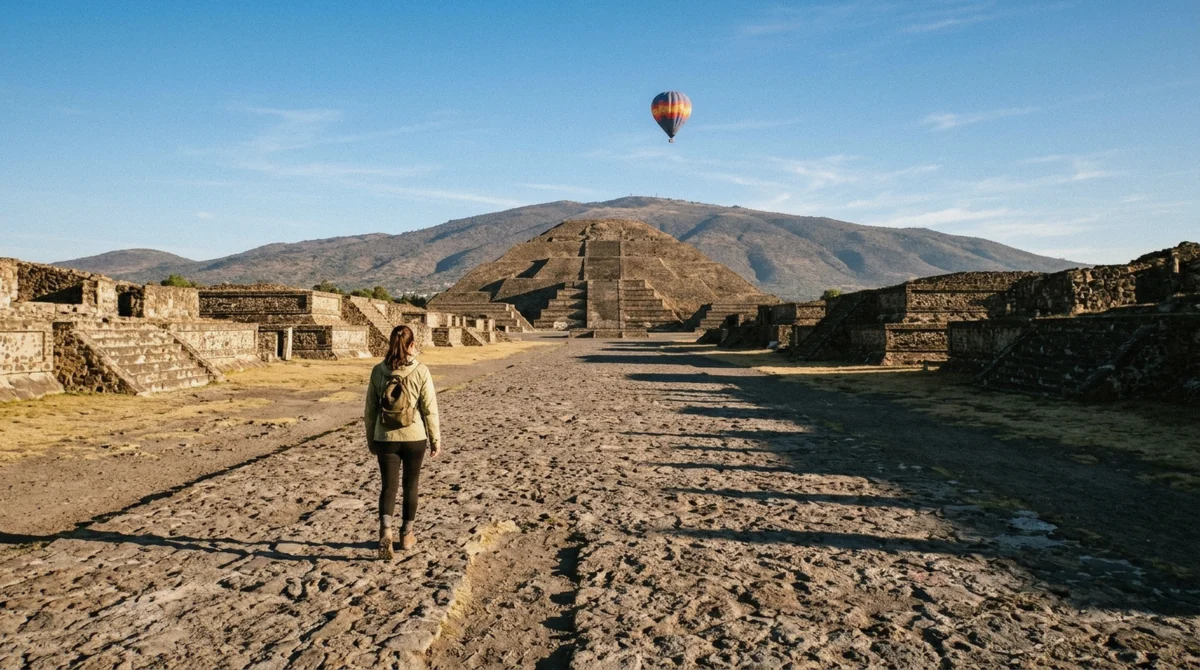 A family walking along the Avenue of the Dead toward the pyramids after a hot air balloon flight near Mexico City