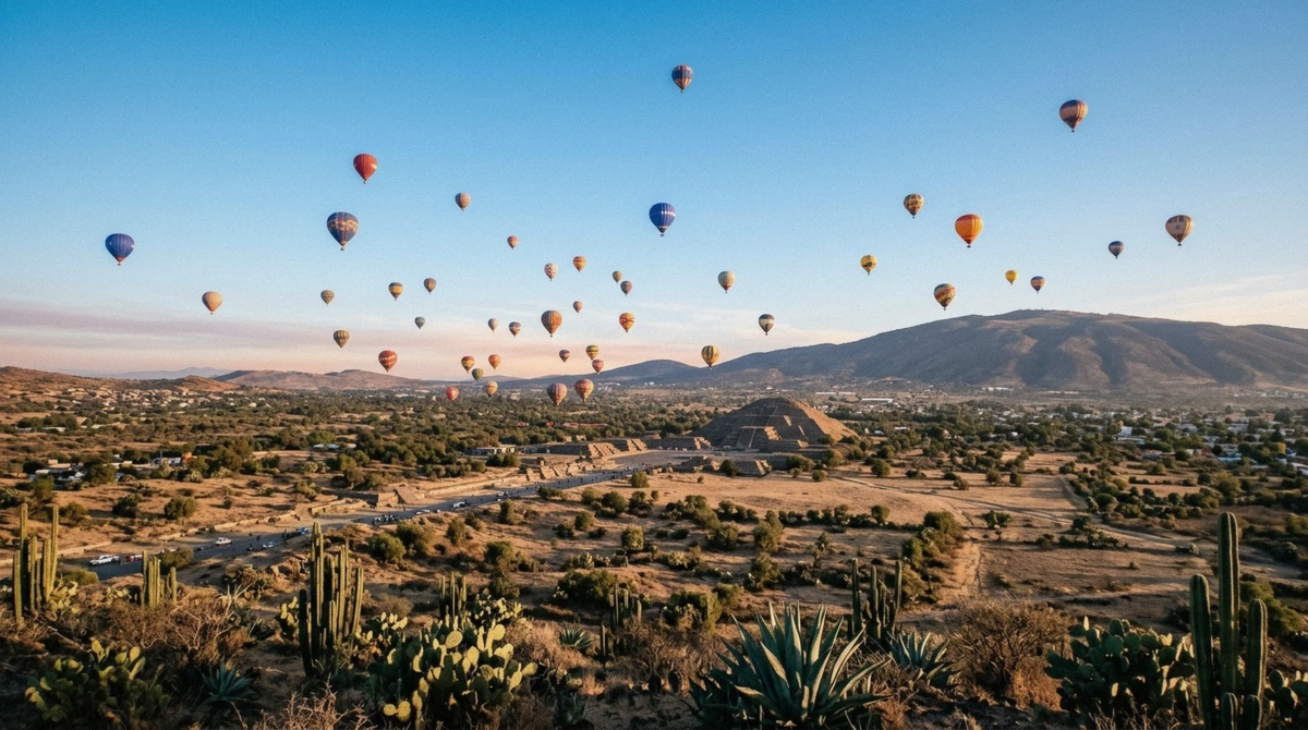 Colorful hot air balloons scattered across the sky above the Teotihuacán valley near Mexico City on a clear dry-season morning
