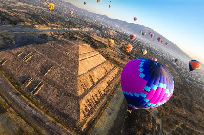 Teotihuacan hot air balloon flight from Mexico City at sunrise over the ancient pyramids with guided cave breakfast