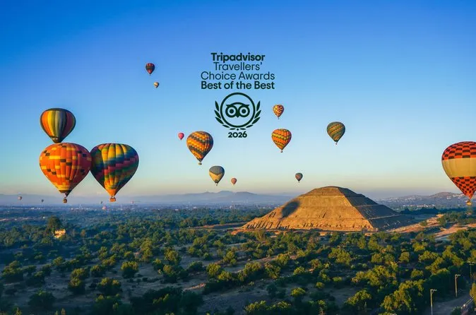 Hot air balloon ride over Teotihuacan pyramid valley at dawn — one of the most popular balloon tours from Mexico City